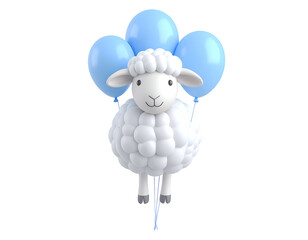 3D Cute White Sheep Character Floating with Blue Balloons on Black Background