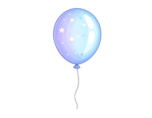 Gradient blue and purple cartoon balloon with white and yellow stars and string, isolated on a black background.