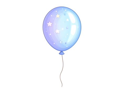 Gradient blue and purple cartoon balloon with white and yellow stars and string, isolated on a black background.