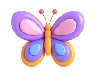 3D Colorful Cartoon Butterfly Illustration with Layered Purple and Orange Wings on Black Background