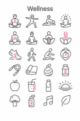 Set of thin line icons for wellness, fitness, and health, promoting breast cancer awareness and a supportive lifestyle