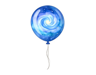 Glowing Blue Balloon with Spiral Galaxy Watercolor Illustration on Black Background