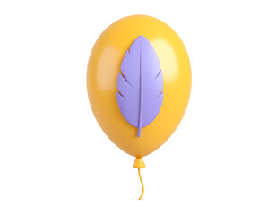 3D Render Yellow Balloon with Purple Feather Illustration on Black Background