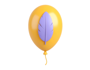 3D Render Yellow Balloon with Purple Feather Illustration on Black Background
