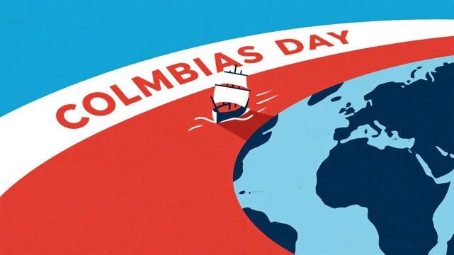 Celebrate Columbus Day with a vintage illustration of a ship sailing the globe in red, white, and blue, perfect for educational projects or patriotic campaigns today - Powered by Adobe
