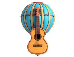 Whimsical 3D acoustic guitar with blue and orange striped hot air balloon background on black