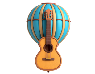 Whimsical 3D acoustic guitar with blue and orange striped hot air balloon background on black