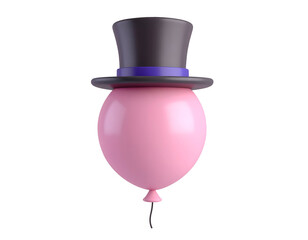 3D Rendered Pink Balloon Wearing a Black Top Hat with Purple Band on Dark Background. Playful Celebration Concept.