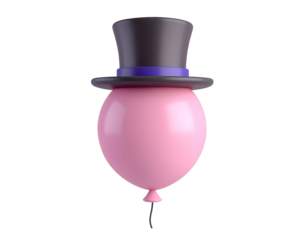 3D Rendered Pink Balloon Wearing a Black Top Hat with Purple Band on Dark Background. Playful Celebration Concept.