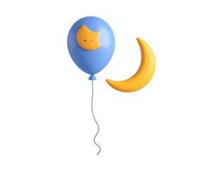 3D Blue Balloon with Sleepy Moon Face and Yellow Crescent Moon Symbolizing Night and Dreams