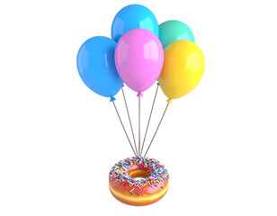 Colorful Sprinkled Donut Flying with Vibrant Birthday Balloons on Black Background