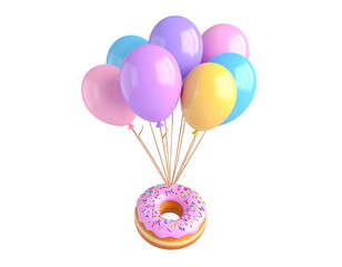 Pink Donut with Colorful Sprinkles Lifted by Vibrant Party Balloons on Black Background