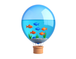 Whimsical Hot Air Balloon with Aquarium Inside, featuring Goldfish and Aquatic Plants