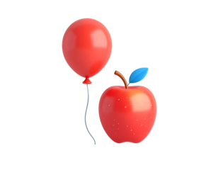 Vibrant 3D Red Balloon and Apple Illustration with Blue Leaf Isolated on Black