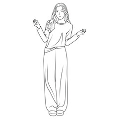 Line drawing illustration of a Female Character - Relaxed Standing Pose with Loose Pants and Casual Top.