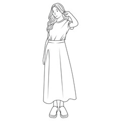 Line drawing illustration of a standing female character - casual wear, long skirt, simple pose.