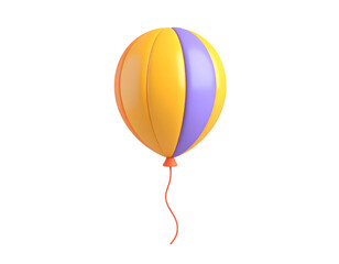 3D rendered yellow and purple striped balloon with orange string, isolated minimalist celebration icon on black background