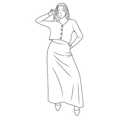 Confident Female Character - Two finger salute Pose with Long Skirt and Buttoned Shirt, Line Art style Illustration.