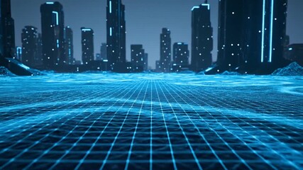 Futuristic cityscape glows with neon blue grid, representing digital landscape and technological advancement in a sleek, modern style. - Powered by Adobe