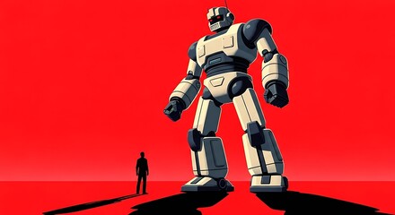 Giant retro robot standing imposingly over a small silhouetted human figure on a red background
