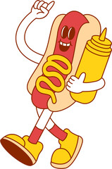 Hot Dog Character Hugging Mustard Bottle