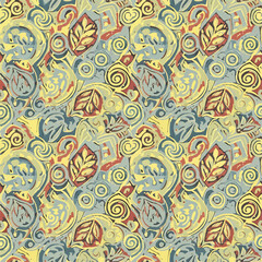 Artistic abstract pattern featuring leaves, swirls, and organic shapes in muted colors, seamless pattern, Stock royalty.