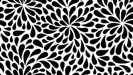 Abstract black and white pattern of flowing teardrop shapes creating a floral or starburst effect
