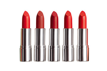 Obraz premium Five shades of red lipstick in metallic silver tubes