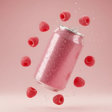 Refreshing pink raspberry soda can with droplets, surrounded by ripe raspberries on a soft pink background, creating a vibrant and delicious beverage advertisement