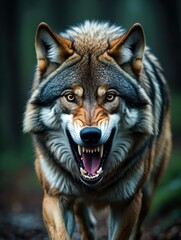 Fototapeta premium A Majestic Wolf Stands Proudly in the Forest, Showcasing Its Impressive Features and Intense Gaze Amidst Lush Greenery and A Mysterious Atmosphere