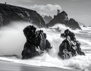 Powerful waves crash against dramatic coastal rocks in a striking black and white seascape.