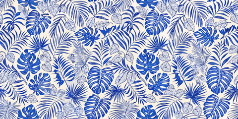 Seamless tropical leaf pattern in blue and white hand drawn botanical illustration © Ripan