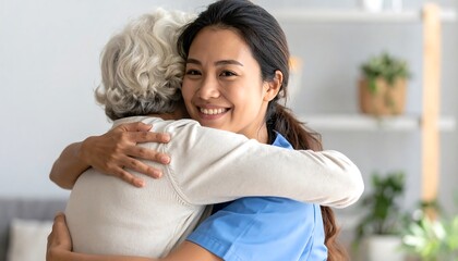 A happy hug between a caregiver and an elderly person, expressing care and affection in a light-filled setting.