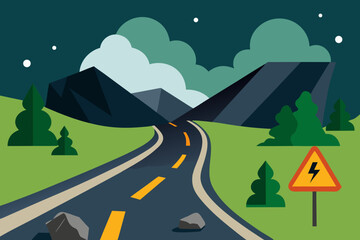 Curved Road with Mountains at Night – Landscape Vector Illustration