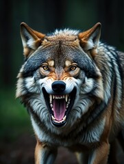 Fototapeta premium A Stunning Close-Up of a Fierce Wolf Displaying Its Powerful Jaws and Intense Gaze in a Lush Forest Environment