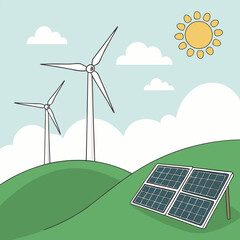 Obraz premium Twin wind turbines and solar panels rest on green hills under a bright sun