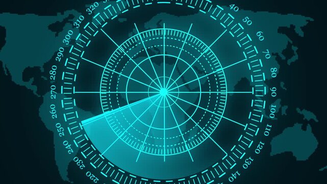 Radar screen animation on map background. Signal transmitted sonar radar .Radar point to detect enemy position.Technology world map radar screen animation. Radar Scanning loop.radar icon animation.4k