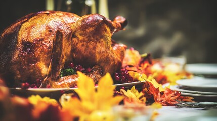 Roasted turkey close-up on decorated dinner table with autumn leaves, warm cozy festive atmosphere, high-resolution holiday lifestyle photo.