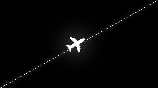 Airplane line path animation, air plane flight route with start point, Airplane Running on Dash Track with black Background.Travel on airplane map simple animation background.. 4k video animation