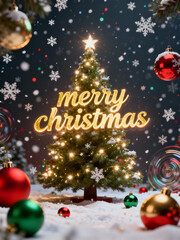 Festive Christmas tree adorned with colorful ornaments and shimmering lights in a winter wonderland