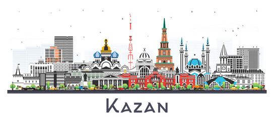 Kazan Russia city skyline with color buildings isolated on white. Kazan cityscape with landmarks. Travel and tourism concept with modern and historic architecture.