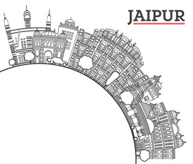 Outline Jaipur India City Skyline with Historic Buildings and copy space Isolated on White. Jaipur Cityscape with Landmarks.