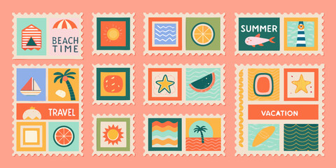 Collection of charming summer vacation postage stamps featuring beach themes and travel icons