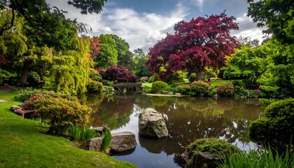 Obraz premium A serene Japanese garden, boasting vibrant colors and tranquil reflections on a still pond, showcases meticulously crafted landscaping.