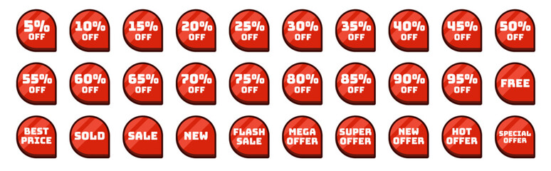 Set of red starburst sale tags, cartoon sale stickers, red price label, discount sticker pack, discount label bundle, promo badge collection. Price sticker icons