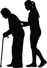 Silhouette of Young Woman Assisting Elderly Woman with Cane, Compassionate Senior Care and Support Vector Illustration for Healthcare Concept