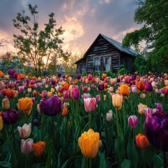 Rustic cabin amidst vibrant tulip field at sunset