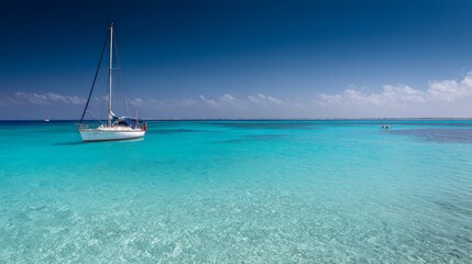 Obraz premium Sailboat floating on calm tropical waters under bright blue sky, peaceful high-resolution ocean landscape photography.