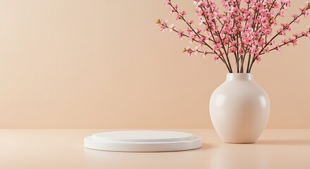 Minimalist scene with white podium and pink blossom branches in a vase