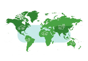 Obraz premium World map featuring electric car charging point icons. Perfect for ecofriendly travel guides, sustainability presentations, and environmental awareness campaigns.